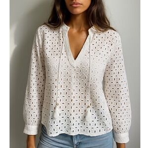 NWT INC Womens 100% Cotton Blouse Large Tassel Tie Long Sleeve White ResortChic